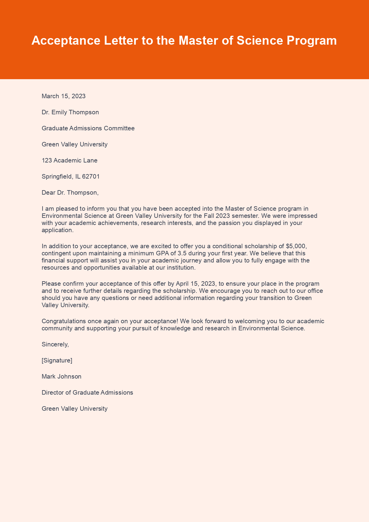Acceptance Letter for Graduate School sample letter