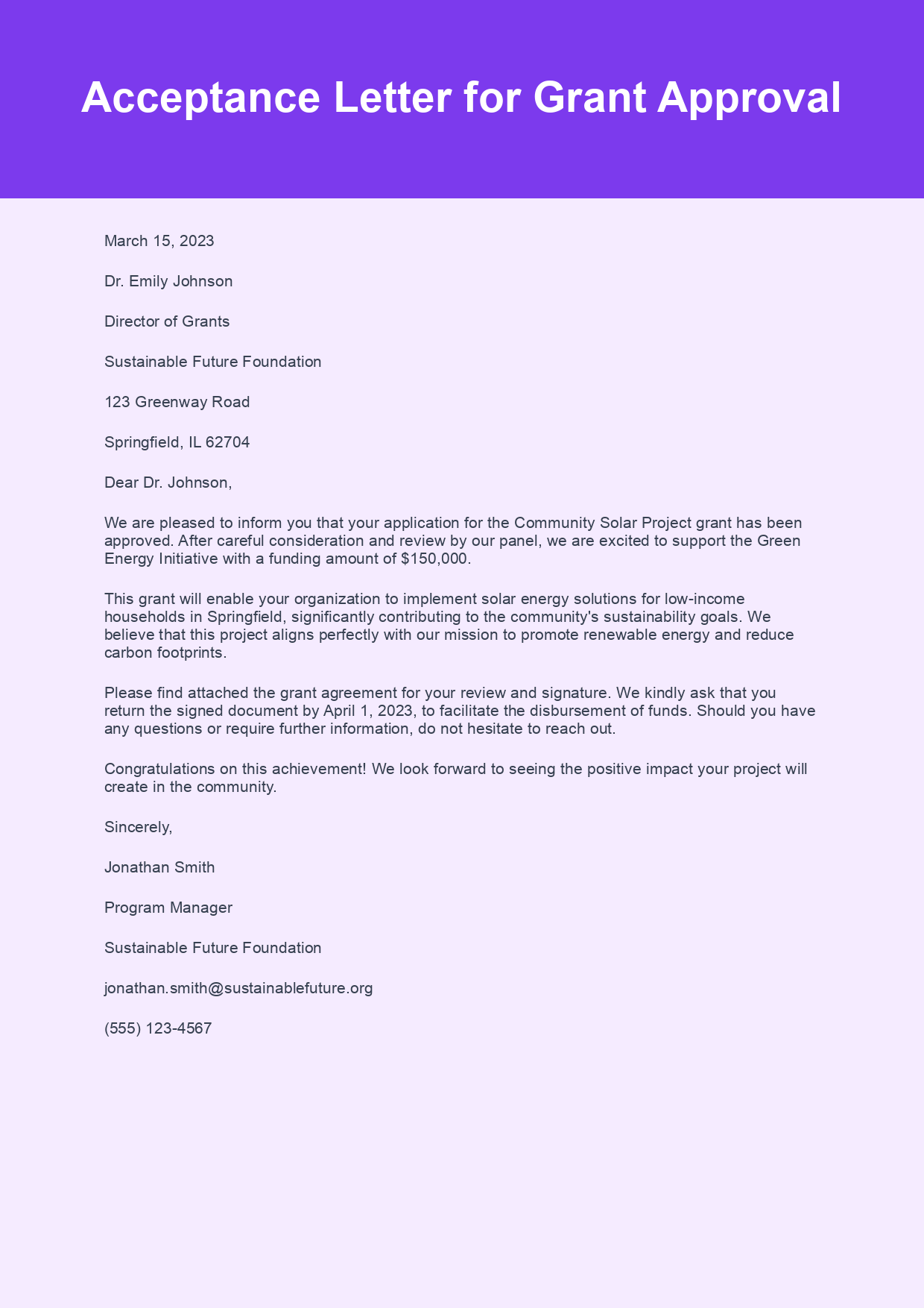 Acceptance Letter for Grant Approval sample letter