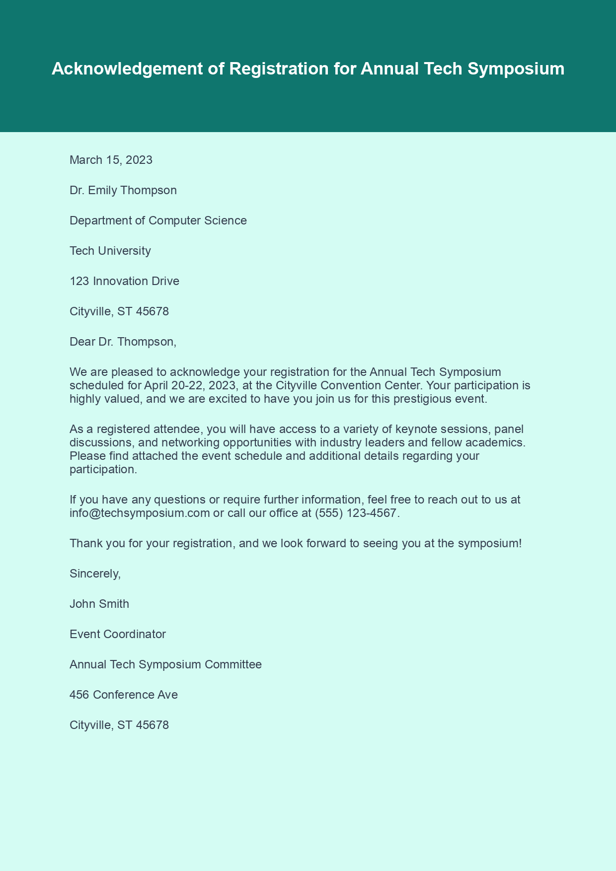 Acknowledgement Letter for Event Registration Example