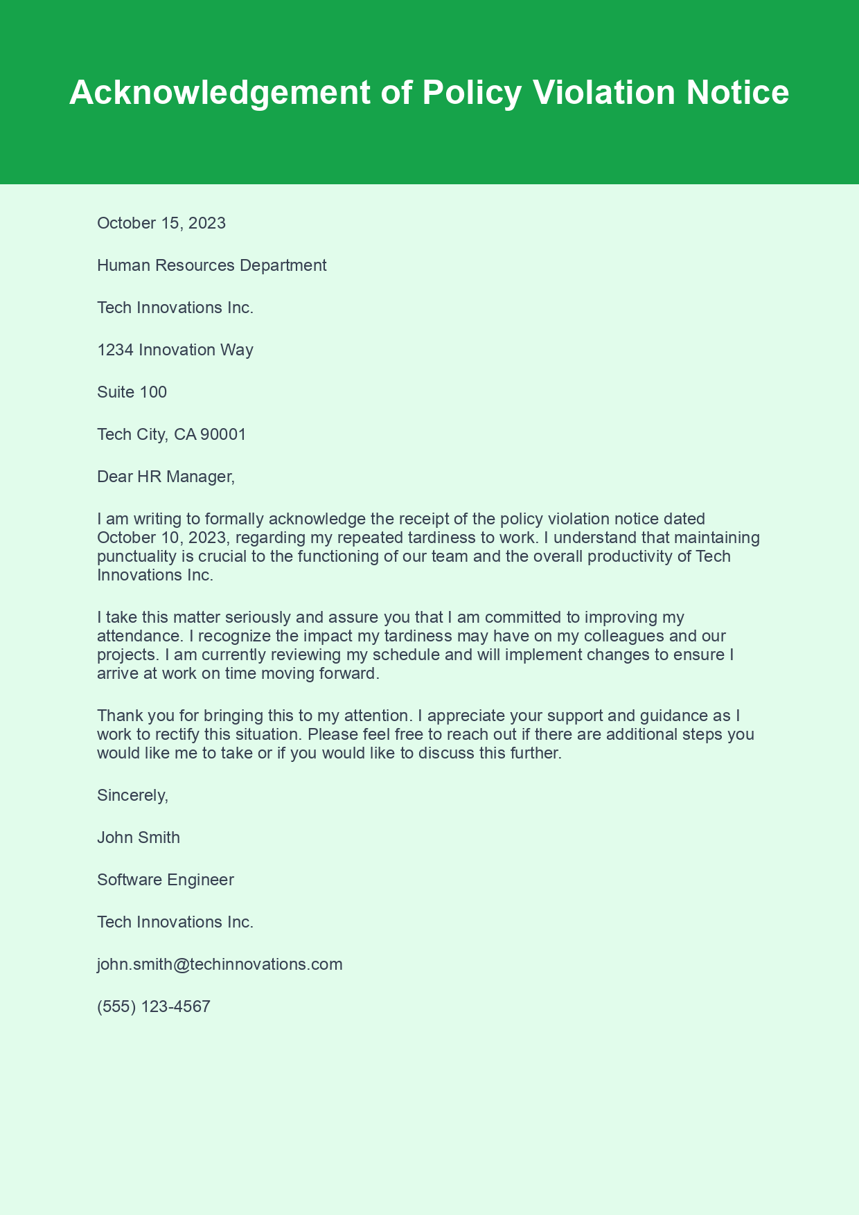 Acknowledgement Letter for Policy Violation Notice sample letter