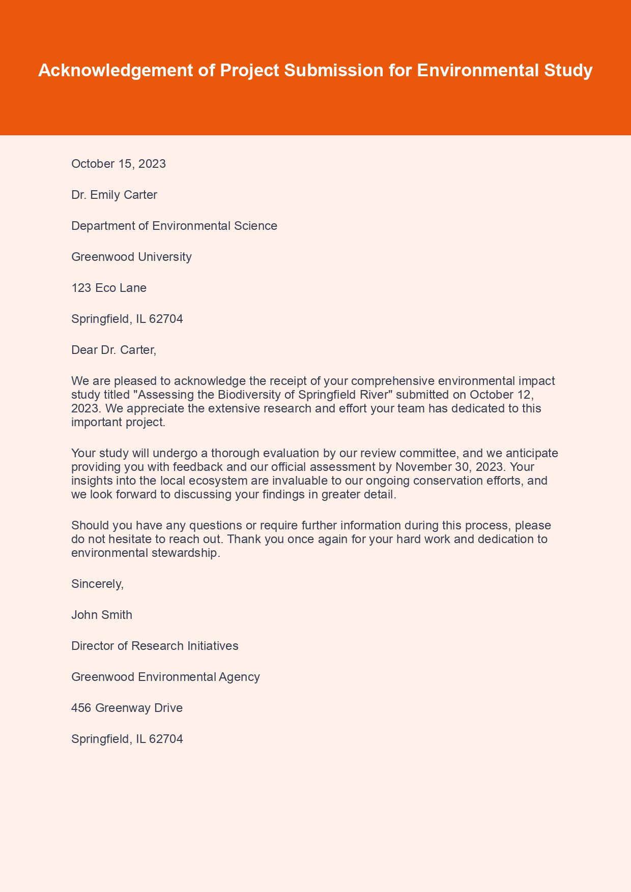 Acknowledgement Letter for Project Submission sample letter