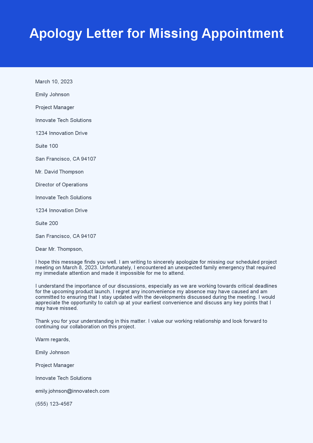 Apology Letter for Missing Appointment sample letter