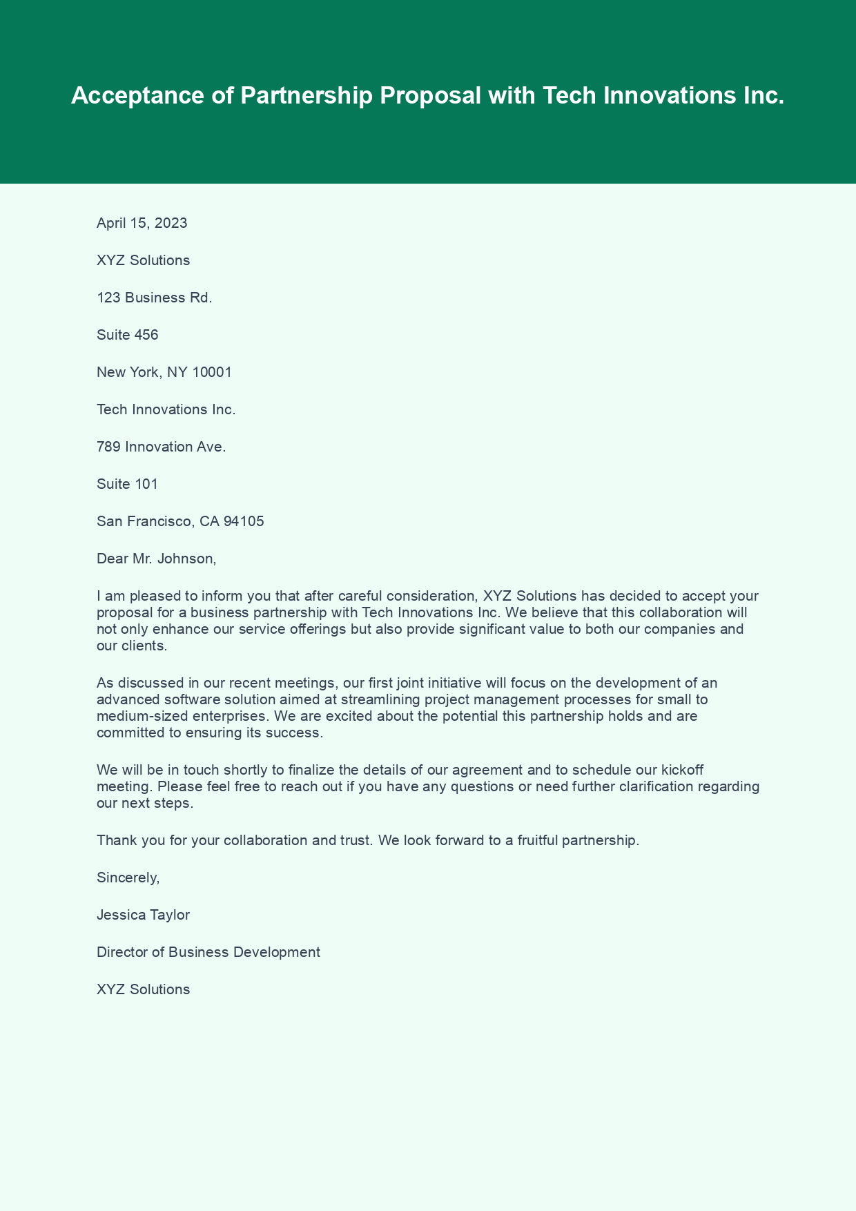 Acceptance Letter for Business Partnership sample letter