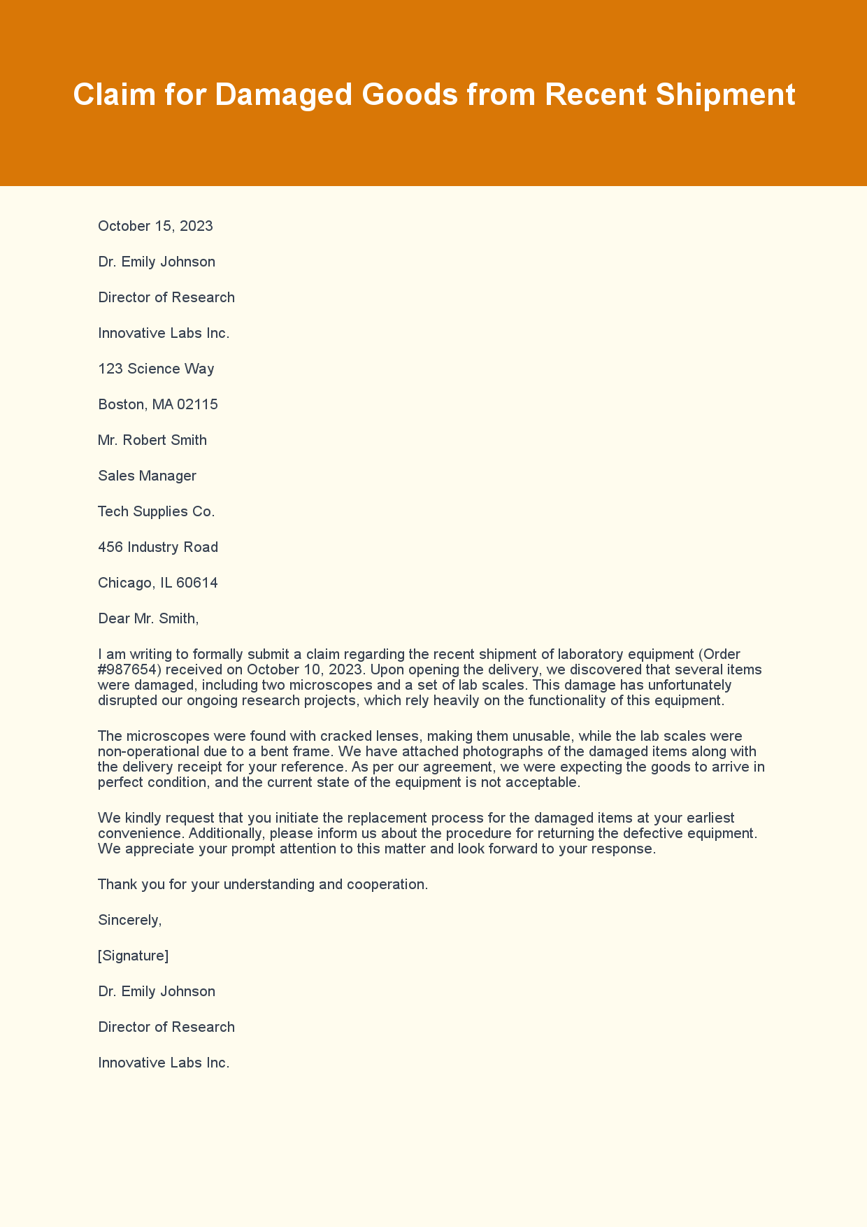Claim Letter for Damaged Goods sample letter