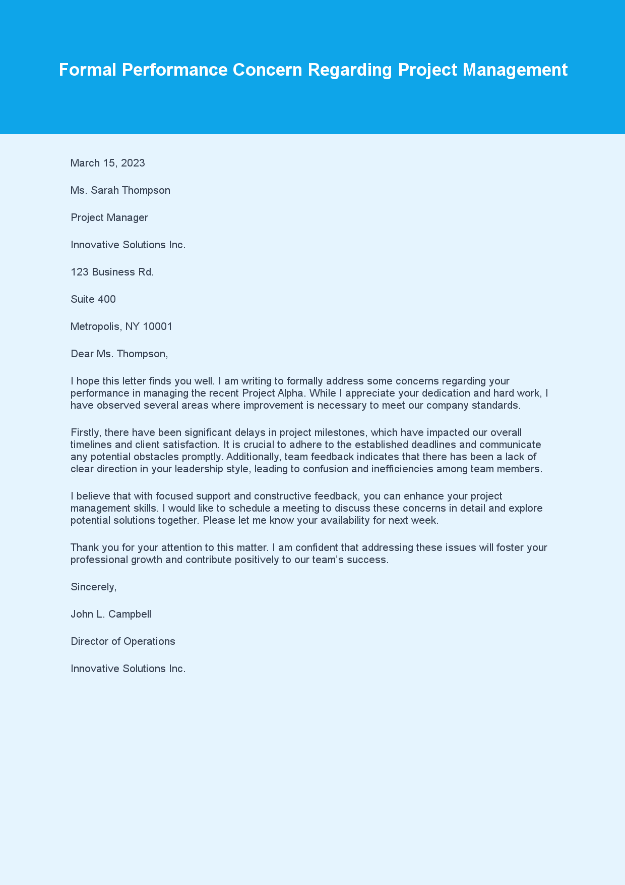 Criticism Letter for Performance Concern sample letter