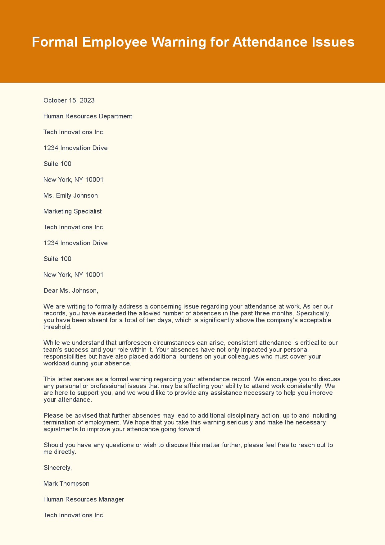 HR Letter for Employee Warning sample letter