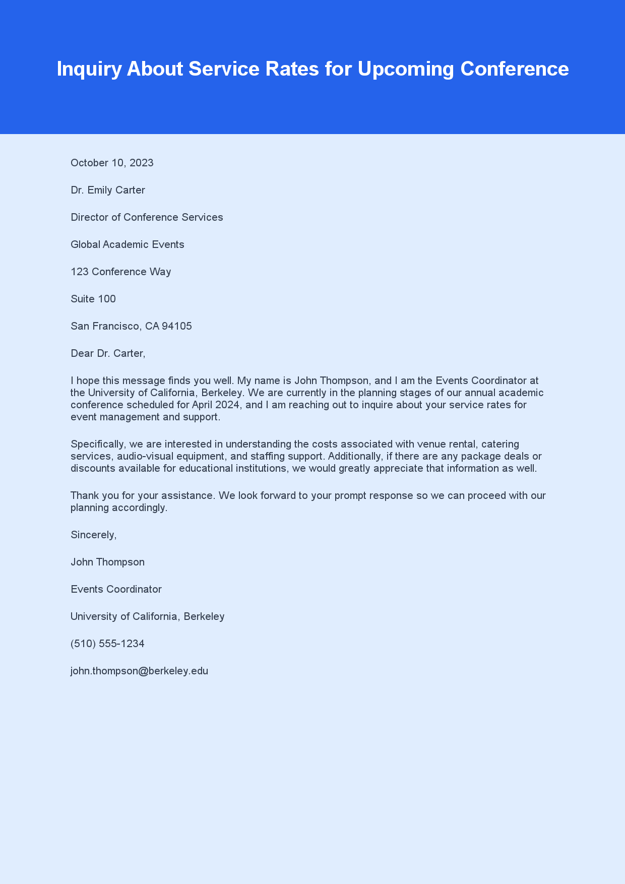 Inquiry Letter for Service Rates sample letter