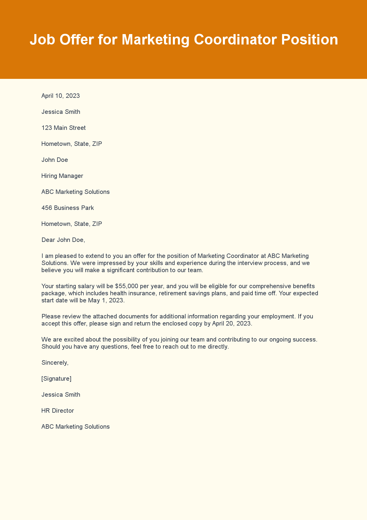 Offer Letter for Job Position sample letter