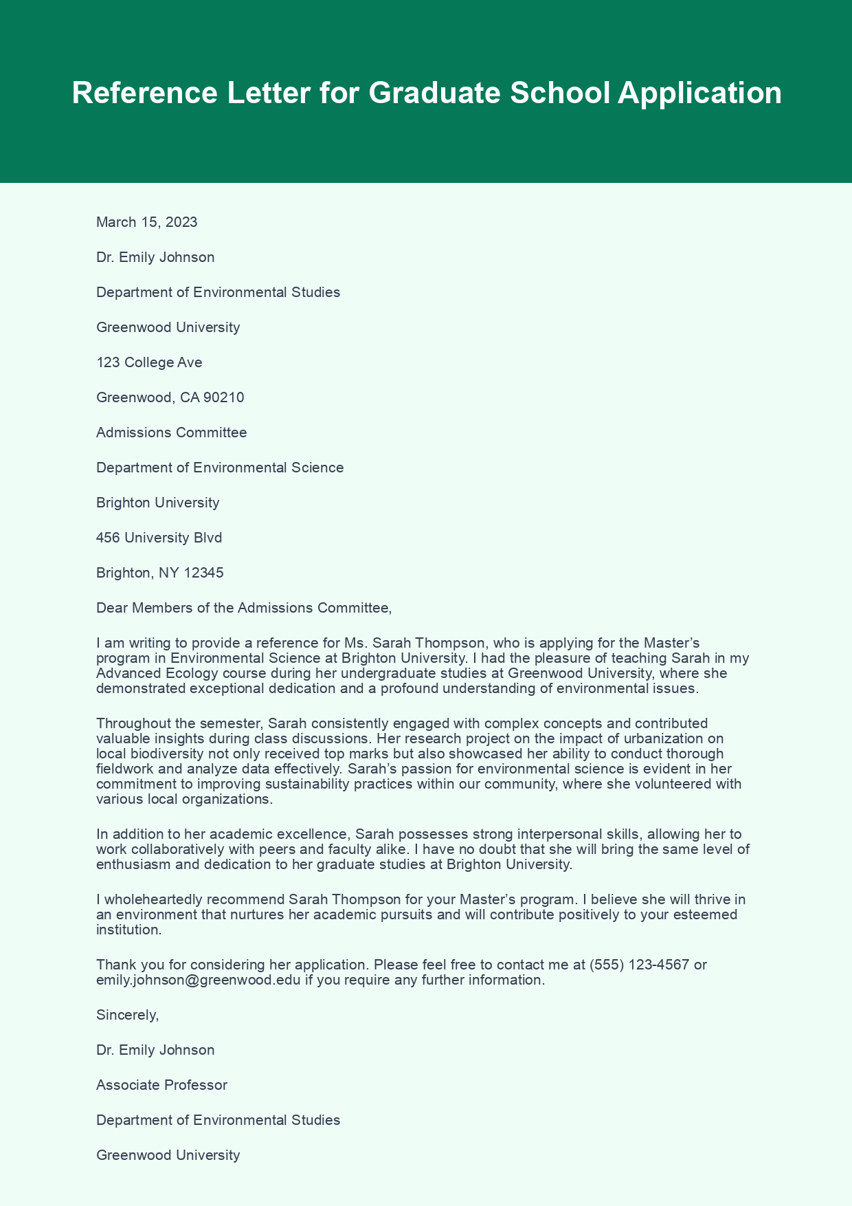 Reference Letter for Graduate School sample letter