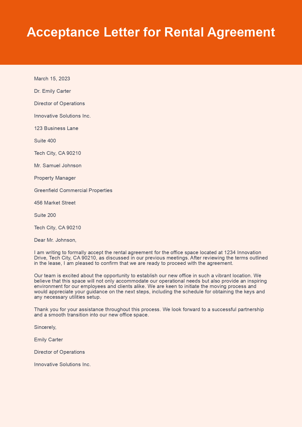 Acceptance Letter for Rental Agreement sample letter