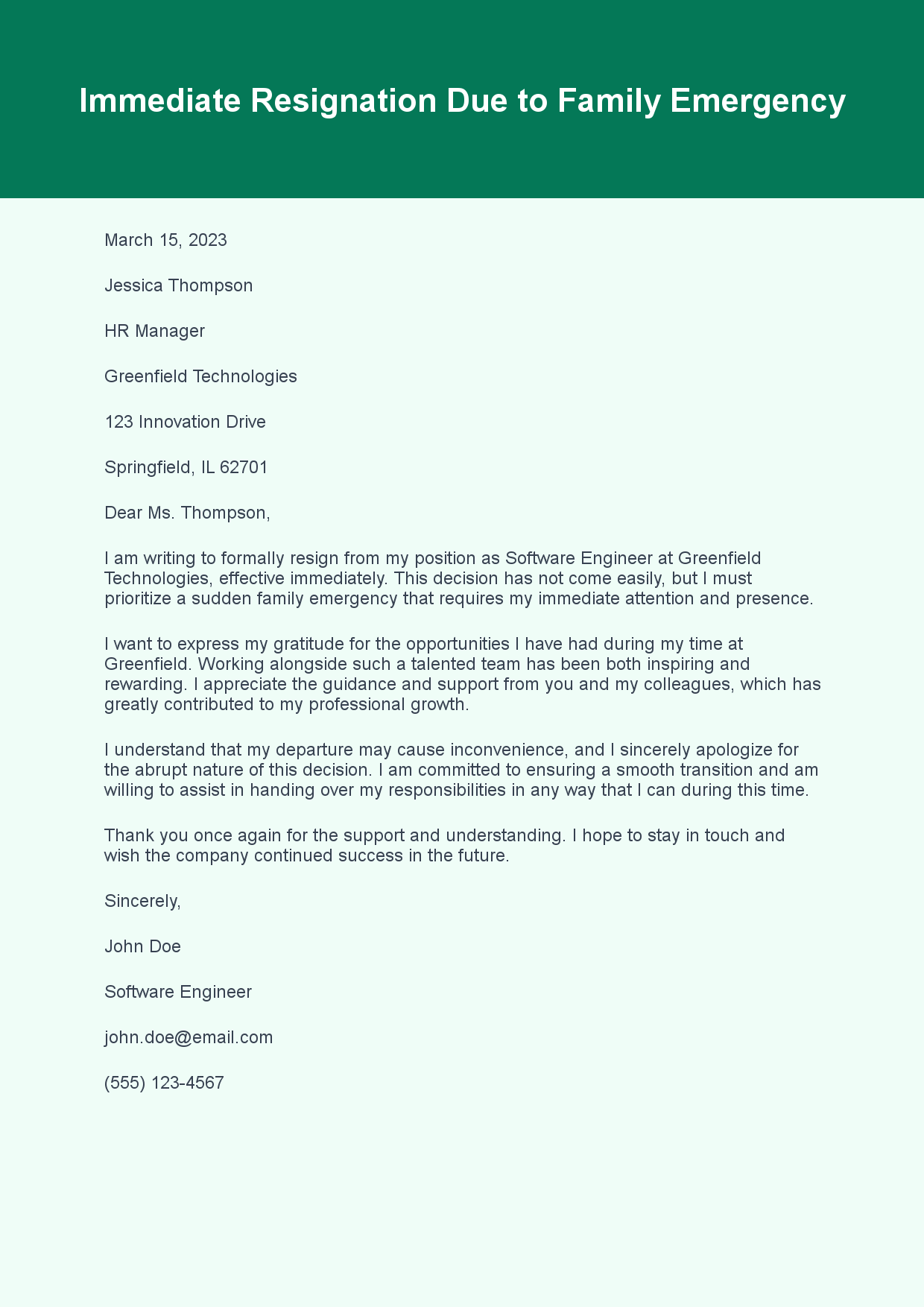 Resignation Letter for Immediate Relief sample letter