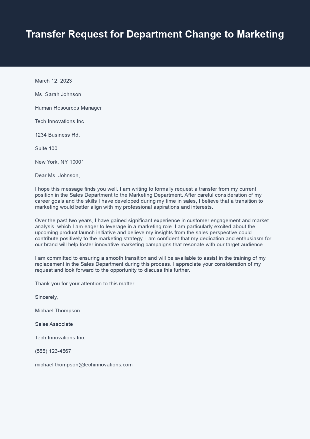 Transfer Letter for Department Change sample letter